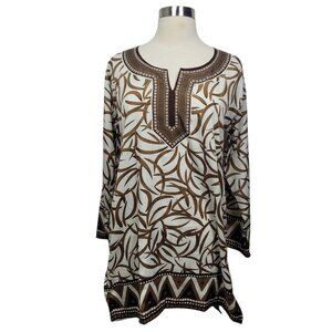 Bella Boho Tunic Top Size Small Brown White Tribal Print Long Sleeve Blouse